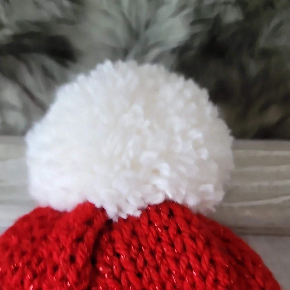 Red and White Knit Beanie with Pom-Pom